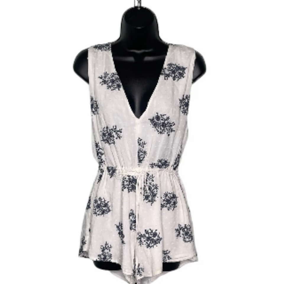 Blue Life Festival Romper Embroidered White Black Flirty Xs